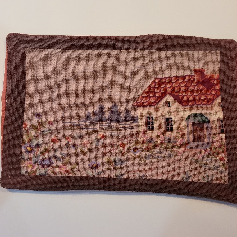 Vintage Needlepoint Pillow Cover 20x14 Cottage Granny Core Countryside Scene